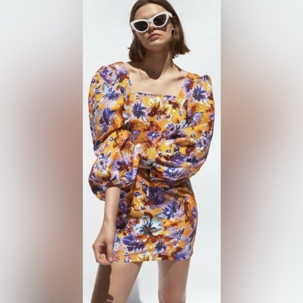 Zara Floral Puff Sleeve Mini Dress Yellow Purple‎ Square Neck Cotton Blend Small